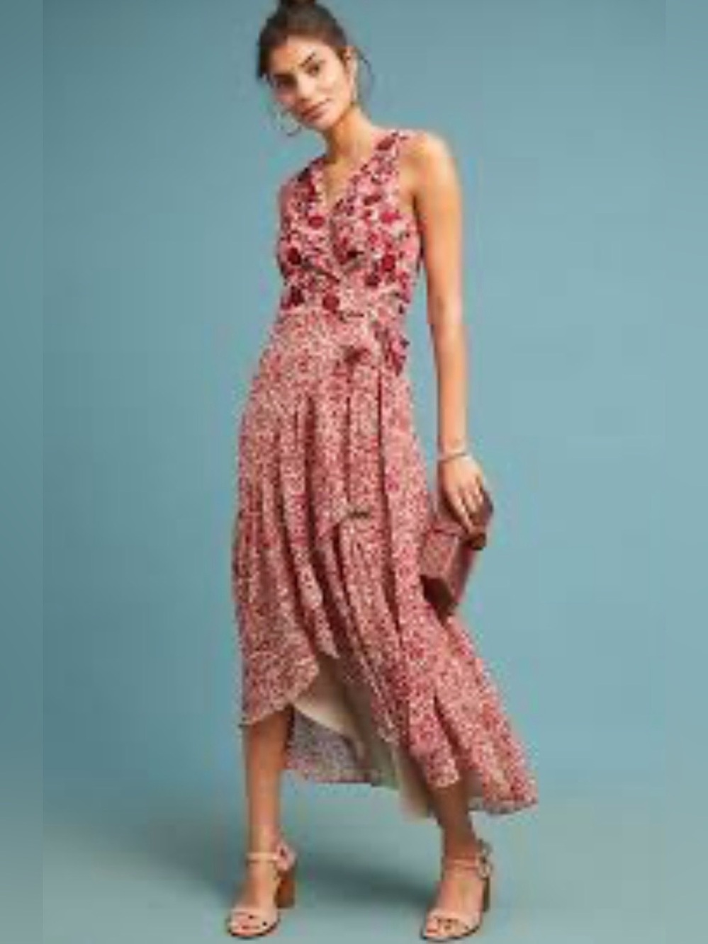 Ranna Gill Red Floral Sleevless V-Neck Maxi Wrap Dress Whimsy Size Small